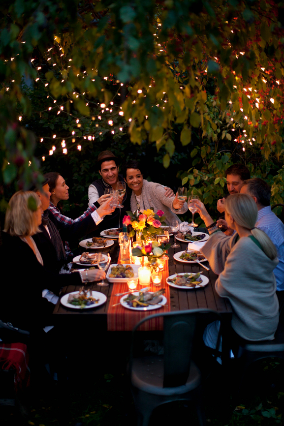 Friends gather for outdoor dinner party, underneath a weeping cherry tree.