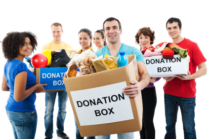 Group of a volunteers holding donation boxes.